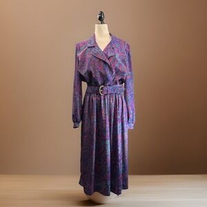 Vintage 90s Purple Paisley‎ Shirt Dress Belted 14 Flowy Retro Glam Office USA